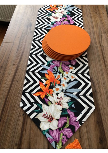 Zigzag Desen Üzerine Lilyum Çiçek Desenli Runner & Turuncu Supla