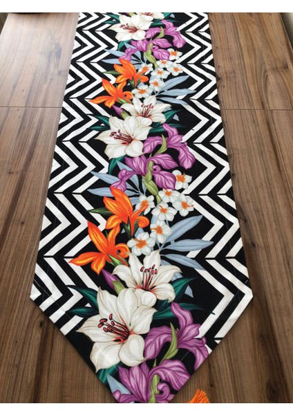 Zigzag Desen Üzerine Lilyum Çiçek Desenli Runner & Turuncu Supla
