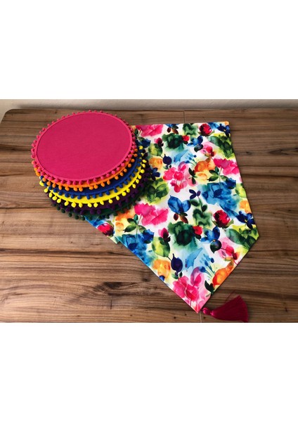 Trend Yuvam Suluboya Çiçek Desenli Runner & Ponponlu Supla