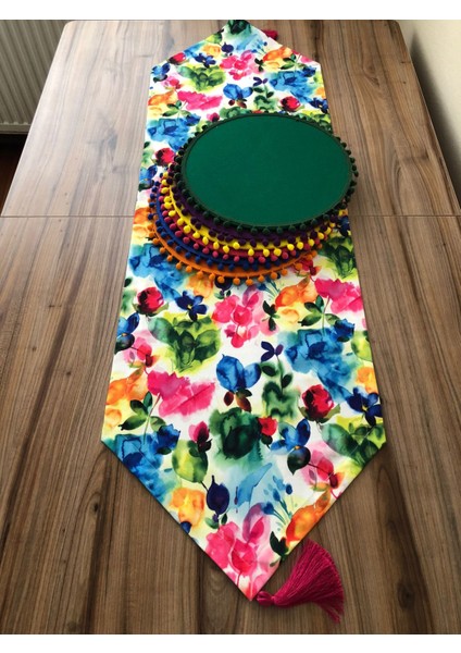 Trend Yuvam Suluboya Çiçek Desenli Runner & Ponponlu Supla fiyatları