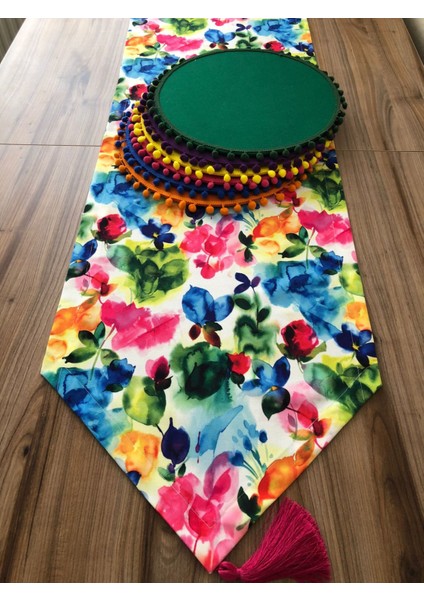 Trend Yuvam Suluboya Çiçek Desenli Runner & Ponponlu Supla fırsatları