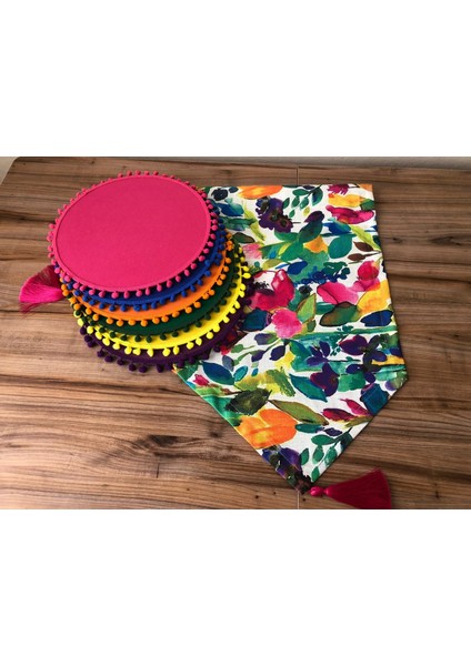 Suluboya Desenli Runner & Ponponlu Supla