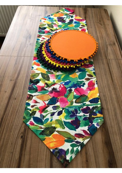 Suluboya Desenli Runner & Ponponlu Supla