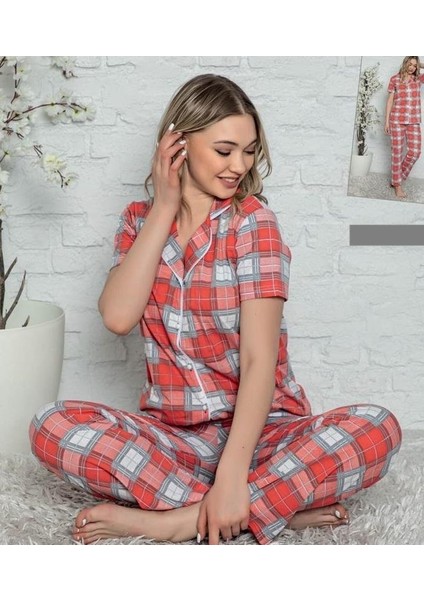 Ercan 2045 Bayan Boydan Düğmeli Pijama Takımı Kırmızı - Xl