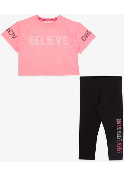 Kız Çocuk Kapri Taytlı Crop Takım Yazı Baskılı 8-12 Yaş, Neon Pembe