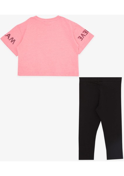 Kız Çocuk Kapri Taytlı Crop Takım Yazı Baskılı 8-12 Yaş, Neon Pembe fiyatları