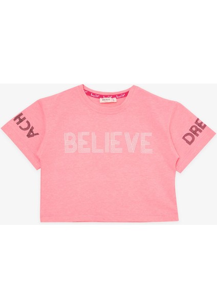 Kız Çocuk Kapri Taytlı Crop Takım Yazı Baskılı 8-12 Yaş, Neon Pembe modelleri