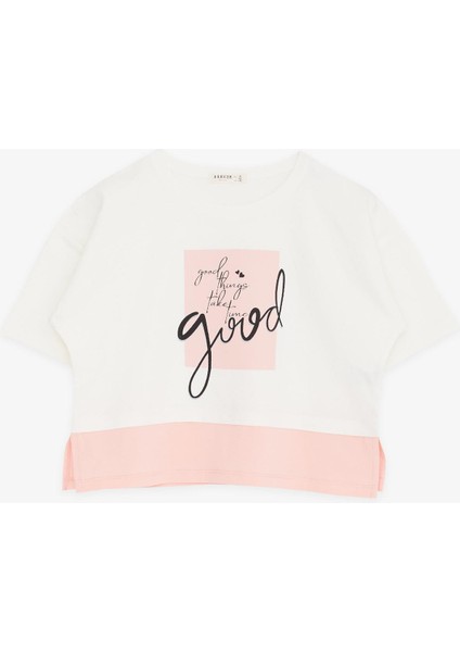 Kız Çocuk Crop Tişört Yazı Baskılı Yanları Yırtmaçlı 9-14 Yaş, Ekru fırsatları