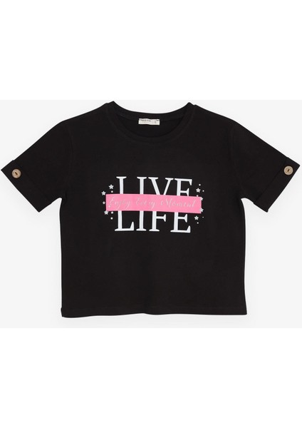 Kız Çocuk Crop Tişört Kolları Düğme Aksesuarlı Simli Yazı Baskılı 9-16 Yaş, Siyah