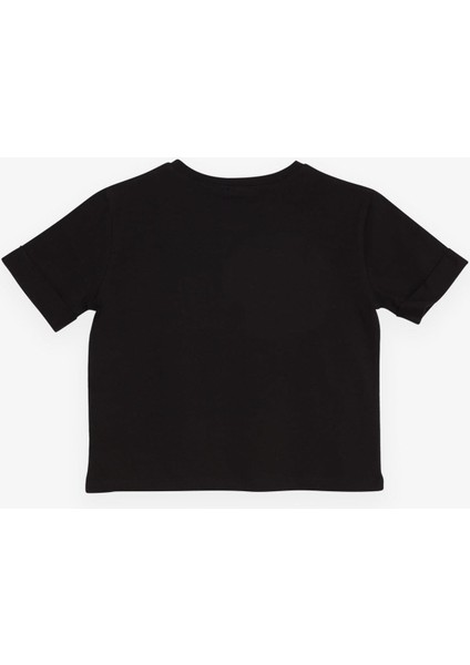 Kız Çocuk Crop Tişört Kolları Düğme Aksesuarlı Simli Yazı Baskılı 9-16 Yaş, Siyah fiyatları