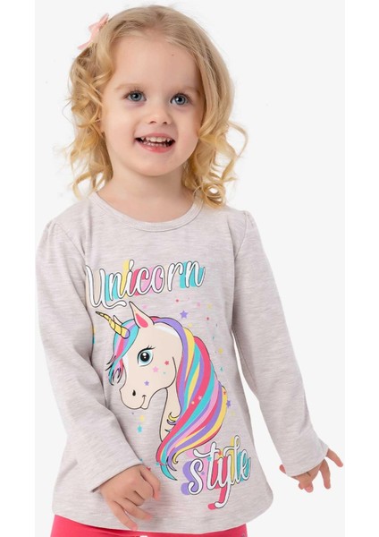 Kız Çocuk Uzun Kollu Tişört Unicorn 2-6 Yaş, Bej Melanj
