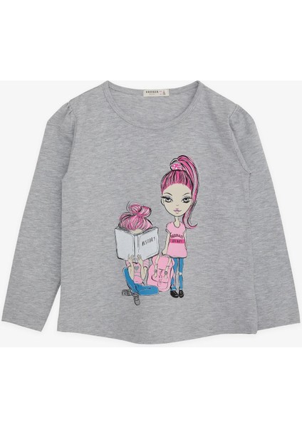 Kız Çocuk Uzun Kollu Tişört Kız Bakılı 4-9 Yaş, Gri Melanj