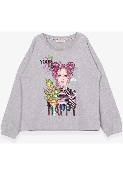 Kız Çocuk Uzun Kollu Tişört Portre Kız Baskılı 10-14 Yaş, Gri Melanj