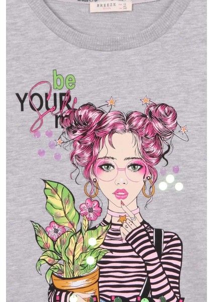 Kız Çocuk Uzun Kollu Tişört Portre Kız Baskılı 10-14 Yaş, Gri Melanj modelleri