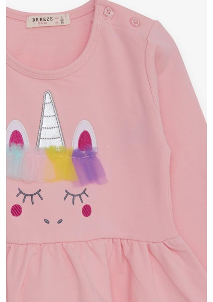 Kız Çocuk Uzun Kollu Elbise Tüllü Unicorn Nakışlı 1.5-5 Yaş, Pembe