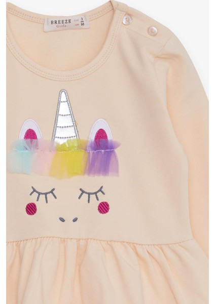Kız Çocuk Uzun Kollu Elbise Tüllü Unicorn Nakışlı 1.5-5 Yaş, Krem