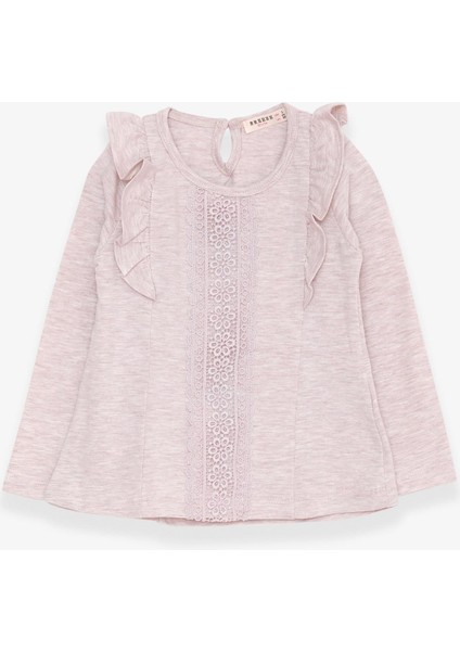 Kız Çocuk Uzun Kollu Tişört Güpürlü Fırfırlı 3-8 Yaş, Bej Melanj