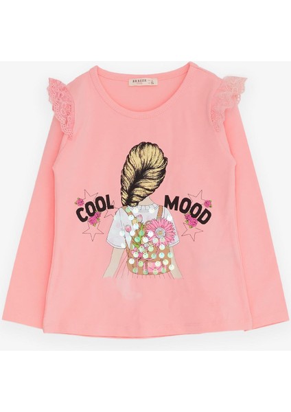 Kız Çocuk Uzun Kollu Tişört Omuzu Güpürlü 4-9 Yaş, Pembe