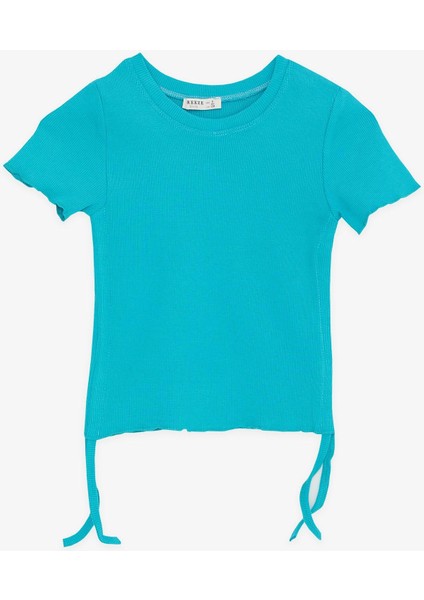 Kız Çocuk Tişört Yanları Büzgülü 8-14 Yaş, Turkuaz