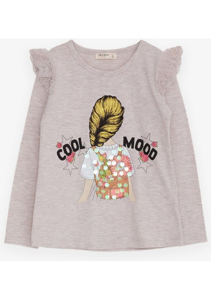 Kız Çocuk Uzun Kollu Tişört Omuzu Güpürlü 4-9 Yaş, Bej Melanj