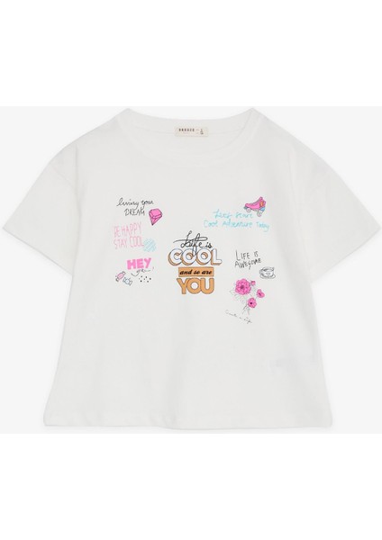 Kız Çocuk Crop Tişört Mutluluk Temalı 8-14 Yaş, Ekru