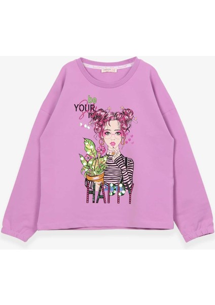 Kız Çocuk Uzun Kollu Tişört Portre Kız Baskılı 10-14 Yaş, Eflatun