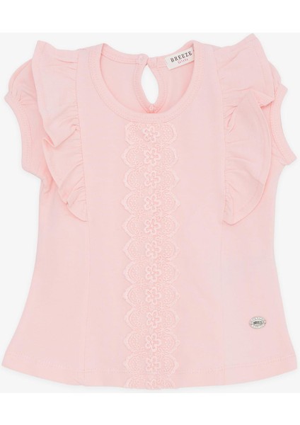Kız Bebek Tişört Fırfırlı Nakışlı Güpürlü 6 Ay-2 Yaş, Pembe