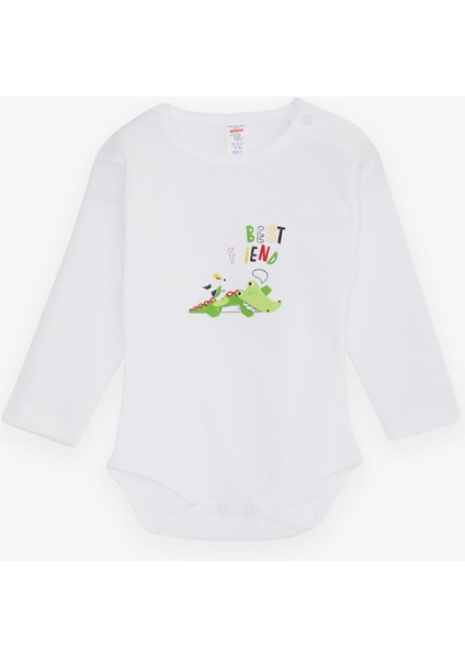 Erkek Bebek Çıtçıtlı Body Timsah Baskılı 9 Ay-3 Yaş, Beyaz