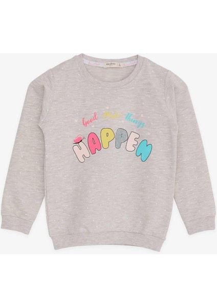 Kız Çocuk Sweatshirt Yazı Baskılı Desenli 3-7 Yaş, Bej Melanj