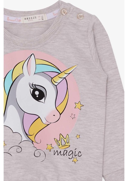 Kız Çocuk Sweatshirt Baskılı Unicorn 1.5-5 Yaş, Bej Melanj