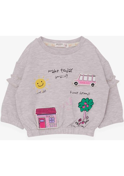 Kız Çocuk Sweatshirt Okul Temalı 1-4 Yaş, Bej Melanj