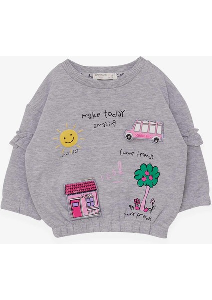 Kız Çocuk Sweatshirt Okul Temalı 1-4 Yaş, Gri Melanj