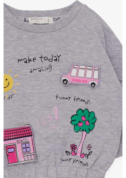 Kız Çocuk Sweatshirt Okul Temalı 1-4 Yaş, Gri Melanj
