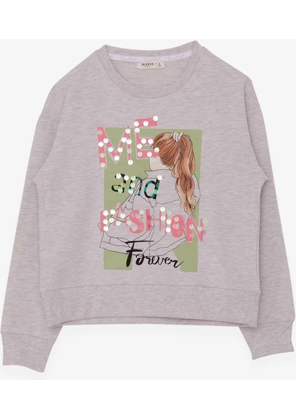 Kız Çocuk Sweatshirt Pullu Kız Baskılı 8-14 Yaş, Bej Melanj