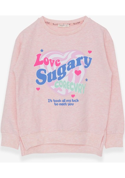 Kız Çocuk Sweatshirt Yazı Baskılı Yırtmaçlı 9-14 Yaş, Somon Melanj