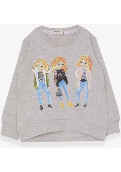 Kız Çocuk Sweatshirt Pullu Kız Baskılı 3-8 Yaş, Bej Melanj