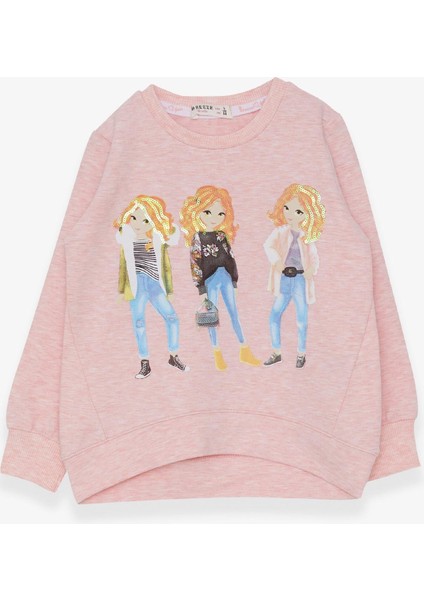 Kız Çocuk Sweatshirt Pullu Kız Baskılı 3-8 Yaş, Somon Melanj