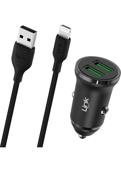 Linktech C482E 12W 2x USB + Lightning USB Kablo Araç Içi Şarj Aleti Set Siyah