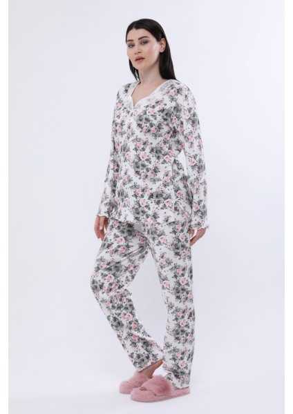 Kadın Beyaz Çiçekli Kalın Ribana Uzunkol Dantel Yaka Pijama Takımı 6113 fiyatları