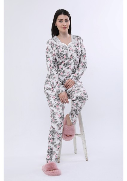 Kadın Beyaz Çiçekli Kalın Ribana Uzunkol Dantel Yaka Pijama Takımı 6113 fırsatları