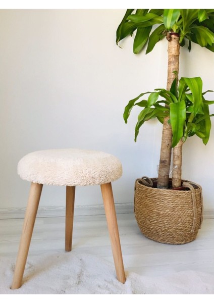 Gürgen Ahşap Retro Ayak Dekoratif Krem Peluş Puf Tabure Bench Koltuk Sandalye