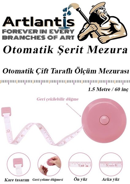 Otomatik Şerit Mezura 1.5 Metre Sarı Renk 1 Adet Yuvarlak Cep Mezurası 150 cm Mezro Terzi Metresi Vücut Ölçüm Metresi