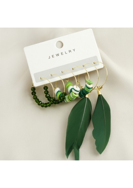 Tüy ve Boncuklu 3'lü Küpe Seti