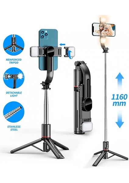 L12 Işıklı Selfie Çubuğu 3 Renk Uzaktan Kumandalı 116 cm Tripod Özçekim Alüminyum