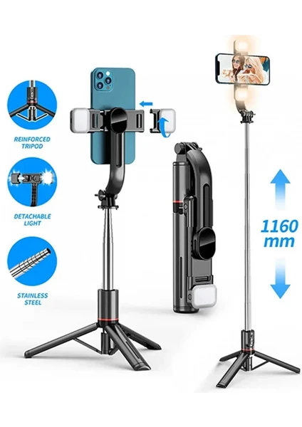 L12 Işıklı Selfie Çubuğu 3 Renk Uzaktan Kumandalı 116 cm Tripod Özçekim Alüminyum