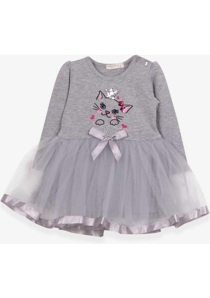 Kız Çocuk Uzun Kollu Elbise Kedicik Nakışlı Pullu 1.5-5 Yaş, Gri Melanj fırsatları