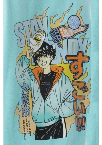 Erkek Çocuk Çift Taraf Anime Desenli Tişört Mint