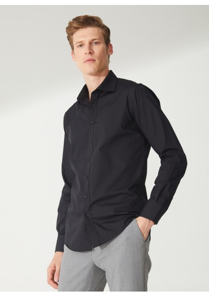 Slim Fit Klasik Yaka Düz Siyah Erkek Gömlek GM1007100487 fiyatları