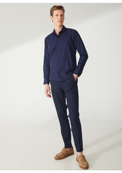 Slim Fit Klasik Yaka Armürlü Lacivert Erkek Gömlek GM2024700360 fiyatları
