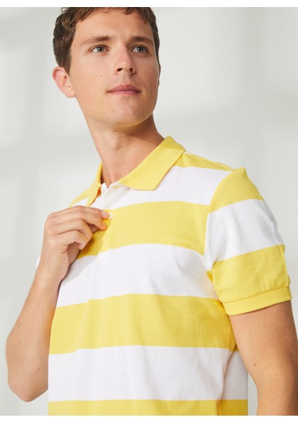 Çizgili Sarı - Beyaz Erkek Polo T-Shirt E-Vale
